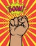 Pop art comic poster with boom clenched hand fist power human hit vector illustration. Fist makes strike and boom in