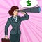 Pop Art Confident Business Woman Looking in Spyglass Searching Money