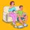 Pop Art Couple Playing Video Game at Home. Girl and Guy with Console Joystick