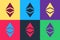 Pop art Cryptocurrency coin Ethereum classic ETC icon isolated on color background. Digital currency. Blockchain based