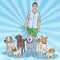 Pop Art Dog Walker. Young Man Walking with many Dogs