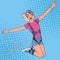 Pop Art Excited Beautiful Woman Jumping Bungee. Extreme Sports. Happy Girl Ropejumping