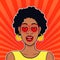 Pop art excited black woman face with open mouth and heart eyes. African american woman in love facial expression in retro comic s