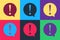 Pop art Exclamation mark in circle icon isolated on color background. Hazard warning symbol. FAQ sign. Copy files, chat