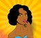 Pop art face of a black girl. Beautiful young girl expresses interest. Sexy girl holding fingers on her lips. Colorful