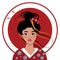 Pop art face of an oriental lady. A young beautiful Japanese woman in a kimono, with red lips, with a high hairdo