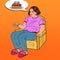 Pop Art Fat Woman Watching TV with Remote Controller and Dreaming about Sweet Food. Unhealthy Eating