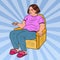 Pop Art Fat Woman Watching TV with Remote Controller. Unhealthy Eating