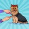 Pop Art Female Hand Holding Toothbrush with Toothpaste. Brushing Teeth Yorkshire Terrier. Pet Healt Care
