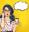 Pop Art girl with coffee cup in glasses with thought bubble. Party invitation. Birthday card. Hollywood, movie star. Comic woman.