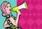 Pop art girl with megaphone. Woman with loudspeaker. Girl announcing discount or sale. Shopping time.