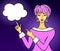 Pop art girl point on speech bubble on halftone in pink lilac on dark background