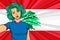 Pop art girl with unicorn color hair style. Young fan girl makes selfie before the national flag of Lebanon. Vector sport illustra