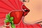 Pop art Girls lips with strawberry. Woman eating healthy food. Erotic fantasy.