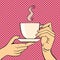 Pop art hands with coffee cup vector illustration.