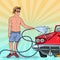 Pop Art Handsome Guy Washing His Classic Car