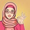 Pop art happy arab woman in hijab smiling and showing ok sign, successful muslim woman in retro comic style