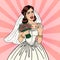 Pop Art Happy Bride with Flowers Bouquet Showing Wedding Ring