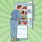 Pop Art Happy Man Looking Inside Fridge Full of Food. Refrigerator with Dairy Products