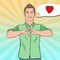 Pop Art Happy Man Showing Heart Hand Sign. Love Comic Style Background