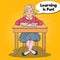 Pop Art Happy Schoolgirl Sitting at School Desk in Classroom. Educational Concept