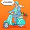 Pop Art Happy Senior Woman Riding Scooter with Basket of Vegetables. Lady Biker