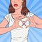 Pop Art Happy Woman Showing Pink Ribbon on Chest. Symbol of Prevention Breast Cancer