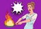 Pop Art Housewife in the Kitchen Holding Pan. Afraid Young Woman in Apron Cooking with Burning Pan