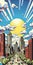 Pop Art Illustration Of Detroit Cityscape With Sun Sky