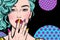 Pop Art illustration of girl with hand.Pop Art girl. Comic woman.Sexy girl. Nails. Lipstick