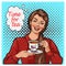 Pop Art illustration of woman with morning cup of tea. Pin-up girl speech bubble.