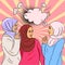 Pop-art image of three beautiful young islamic women in hijabs talking and laughing, standing against bright colorful