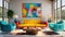 Pop art interior design of modern living room with colorful upholstered mid-century furniture