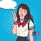 Pop Art Japanese School Girl in Uniform. Asian Teenage Student with Backpack