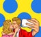 Pop art kissing man and woman make selfie