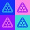 Pop art line Billiard balls in a rack triangle icon isolated on color background. Vector