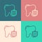 Pop art line Dental protection icon isolated on color background. Tooth on shield logo. Vector