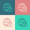 Pop art line Global lockdown - locked globe icon isolated on color background. Vector