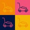 Pop art line Lawn mower icon isolated on color background. Lawn mower cutting grass. Vector