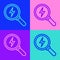 Pop art line Magnifying glass with lightning bolt icon isolated on color background. Flash sign. Charge flash. Thunder