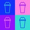 Pop art line Milkshake icon isolated on color background. Plastic cup with lid and straw. Vector Illustration.