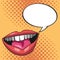 Pop art lips bubble speech yellow dotted background