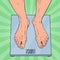 Pop Art Male Feet on Weighing Scales. Man Measuring Body Weight