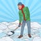 Pop Art Man Clearing Snow with Shovel. Winter Snowfall