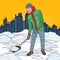 Pop Art Man Clearing Snow with Shovel. Winter Snowfall in the City