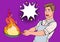 Pop Art Man in the Kitchen Holding Pan. Afraid Young Guy in Apron Cooking with Burning Pan