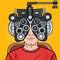 Pop Art Man Patient at Optometric Clinic with Optical Phoropter. Eye Exam