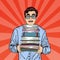 Pop Art Man Student Holding Stack of Books