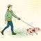 Pop art man walking a mini pig. Raster of an imitation comic style, retro.