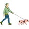 Pop art man walking a mini pig. Raster of an imitation comic style, retro. isolated object on white background